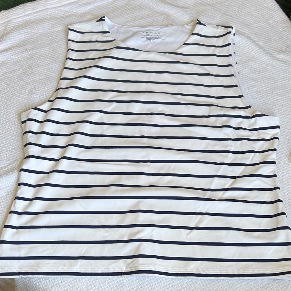 Tahari White Tank Top with Navy Stripes
